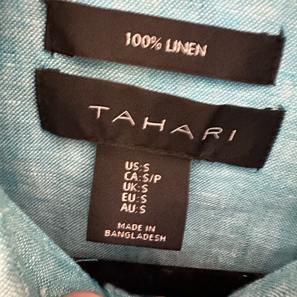 TAHARI S 100% Linen short sleeve blue camp blouse cottagecore Lagonlook coastal - Picture 7 of 10